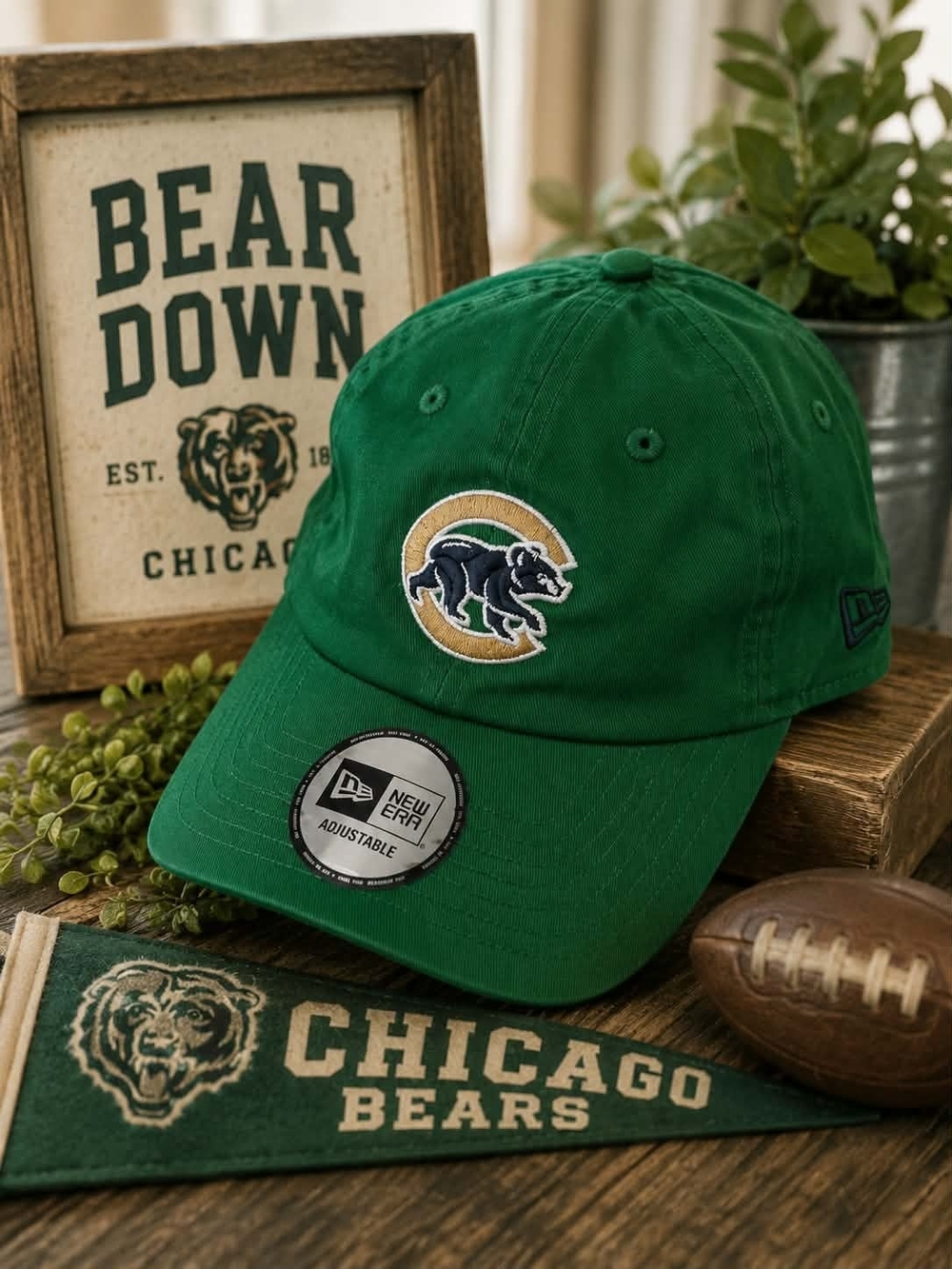 New Era Chicago Bears Green Logo Cap with Gold Accent